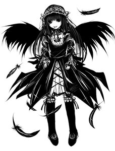 Rating: Safe Score: 0 Tags: 1girl dress feathers frills full_body greyscale hairband image lolita_hairband long_hair long_sleeves looking_at_viewer monochrome simple_background smile solo standing suigintou very_long_hair white_background wings User: admin