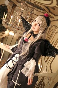 Rating: Safe Score: 0 Tags: 1girl black_wings cross-laced_clothes dress feathers flower frills hairband long_hair long_sleeves ribbon rose silver_hair solo suigintou wings User: admin