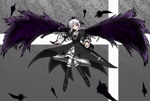 Rating: Safe Score: 0 Tags: 1girl absurdres artist_request bangs bird black_dress black_feathers black_wings dress feathers flower frills gothic_lolita hairband highres image lolita_fashion long_hair long_sleeves looking_at_viewer red_eyes ribbon rozen_maiden silver_hair solo suigintou wings User: admin