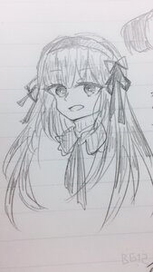 Rating: Safe Score: 0 Tags: 1girl :d bangs eyebrows_visible_through_hair greyscale hair_ribbon image long_hair looking_at_viewer monochrome open_mouth photo ribbon sketch smile solo suigintou traditional_media User: admin