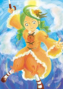 Rating: Safe Score: 0 Tags: 1girl cloud day dress drill_hair flower green_eyes green_hair hair_ornament hat image kanaria long_sleeves orange_dress sky smile solo twin_drills User: admin