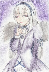 Rating: Safe Score: 0 Tags: 1girl bangs detached_collar dress finger_to_mouth frilled_sleeves frills hairband image index_finger_raised long_hair long_sleeves looking_at_viewer pink_eyes red_eyes ribbon smile solo suigintou wings User: admin
