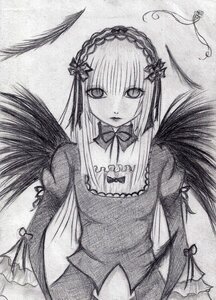 Rating: Safe Score: 0 Tags: 1girl black_wings detached_collar dress feathered_wings frills greyscale hairband image long_hair long_sleeves looking_at_viewer monochrome solo suigintou traditional_media wings User: admin