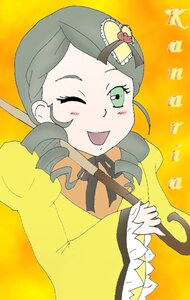 Rating: Safe Score: 0 Tags: 1girl blush drill_hair frills green_eyes image kanaria long_sleeves one_eye_closed open_mouth orange_background simple_background smile solo yellow_background yellow_theme User: admin