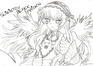 Rating: Safe Score: 0 Tags: 1girl angel_wings dress feathered_wings feathers frills greyscale hairband image lolita_hairband long_hair long_sleeves looking_at_viewer monochrome ribbon smile solo suigintou wings User: admin