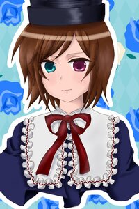 Rating: Safe Score: 0 Tags: 1boy argyle argyle_background blue_flower blue_rose blush brown_hair checkered checkered_background dress flower frills hat heterochromia image ribbon rose short_hair solo souseiseki upper_body User: admin