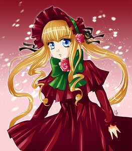 Rating: Safe Score: 0 Tags: 1girl blonde_hair blue_eyes bonnet bow bowtie capelet dress flower green_bow image long_hair long_sleeves looking_at_viewer pink_background pink_flower pink_rose red_capelet red_dress rose shinku sidelocks solo twintails User: admin