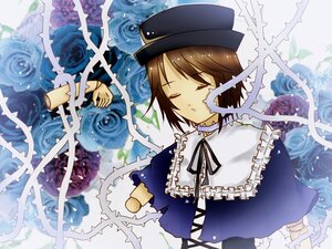 Rating: Safe Score: 0 Tags: 1girl blue_flower blue_rose brown_hair capelet closed_eyes dress flower hat image ribbon rose short_hair solo souseiseki thorns User: admin