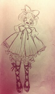 Rating: Safe Score: 0 Tags: 1girl bow cross-laced_footwear dress full_body hair_bow hinaichigo image monochrome open_mouth shoes short_hair smile solo standing traditional_media User: admin