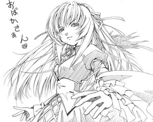 Rating: Safe Score: 0 Tags: 1girl dress frills greyscale hair_ribbon image long_hair long_sleeves looking_at_viewer monochrome ribbon smile solo suigintou User: admin