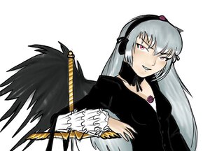 Rating: Safe Score: 0 Tags: 1girl black_wings dress feathered_wings flower hairband image long_hair long_sleeves looking_at_viewer pink_eyes rose silver_hair simple_background solo suigintou white_background wings User: admin