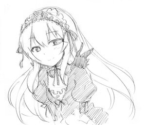 Rating: Safe Score: 0 Tags: 1girl blush closed_mouth dress eyebrows_visible_through_hair frilled_hairband greyscale hairband image juliet_sleeves lolita_hairband long_hair long_sleeves looking_at_viewer monochrome puffy_sleeves ribbon simple_background sketch smile solo suigintou upper_body white_background User: admin