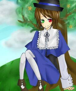 Rating: Safe Score: 0 Tags: 1girl blue_dress brown_footwear brown_hair dress frills full_body grass green_eyes hat heterochromia image long_sleeves looking_at_viewer outdoors red_eyes short_hair sitting smile solo souseiseki top_hat User: admin