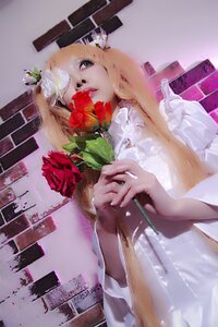 Rating: Safe Score: 0 Tags: 1girl blonde_hair blue_eyes dress flower holding holding_flower kirakishou long_hair red_flower rose solo white_dress User: admin