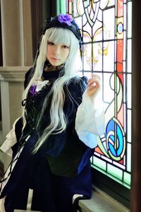 Rating: Safe Score: 0 Tags: 1girl dress flower long_hair long_sleeves looking_at_viewer silver_hair solo stained_glass standing suigintou white_hair User: admin