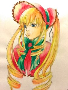 Rating: Safe Score: 0 Tags: 1girl blonde_hair blue_eyes bonnet bow bowtie drill_hair flower green_bow green_neckwear hat image long_hair looking_at_viewer marker_(medium) pink_flower pink_rose portrait ringlets rose shinku sidelocks simple_background solo traditional_media twin_drills twintails User: admin