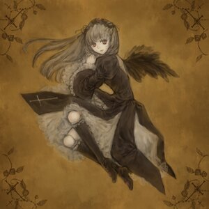 Rating: Safe Score: 0 Tags: 1girl black_wings boots brown_background dress flower frills hairband image knee_boots long_hair long_sleeves ribbon rose sepia solo suigintou wings User: admin