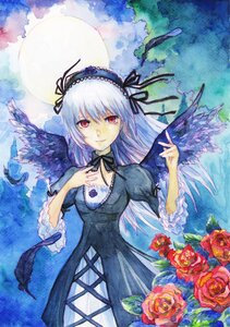 Rating: Safe Score: 0 Tags: 1girl black_ribbon black_wings dress feathers flower frills full_moon hairband image long_hair long_sleeves looking_at_viewer moon red_eyes red_flower red_rose ribbon rose silver_hair solo suigintou traditional_media wings User: admin