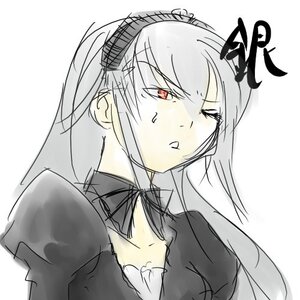 Rating: Safe Score: 0 Tags: 1girl blush eyebrows_visible_through_hair hair_between_eyes image long_hair looking_at_viewer red_eyes simple_background sketch solo suigintou white_background User: admin