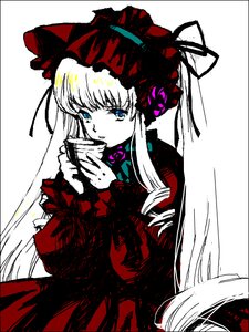 Rating: Safe Score: 0 Tags: 1girl blonde_hair blue_eyes bonnet bow cup dress frills hat holding_cup image long_hair long_sleeves looking_at_viewer red_dress shinku solo upper_body white_background User: admin
