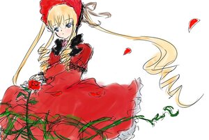 Rating: Safe Score: 0 Tags: 1girl blonde_hair blue_eyes bonnet bow dress flower image long_hair long_sleeves looking_at_viewer petals red_dress red_flower red_rose rose rose_petals shinku simple_background solo twintails white_background User: admin