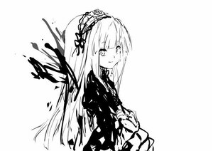 Rating: Safe Score: 0 Tags: 1girl bangs blunt_bangs closed_mouth dress eyebrows_visible_through_hair frilled_hairband greyscale hairband image long_hair long_sleeves looking_at_viewer monochrome simple_background smile solo suigintou upper_body very_long_hair white_background User: admin