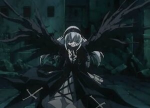 Rating: Safe Score: 0 Tags: 1girl angel_wings black_wings cross dress frills hairband image latin_cross long_hair long_sleeves monochrome solo standing suigintou wings User: admin