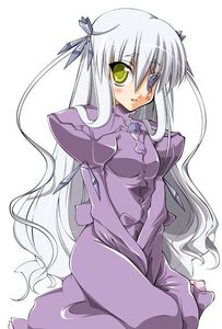 Rating: Safe Score: 0 Tags: 1girl barasuishou blush dress image long_hair long_sleeves looking_at_viewer silver_hair sitting solo very_long_hair yellow_eyes User: admin