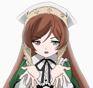 Rating: Safe Score: 0 Tags: 1girl black_ribbon brown_hair dress frills green_dress green_eyes head_scarf heterochromia image long_hair long_sleeves looking_at_viewer open_mouth red_eyes ribbon simple_background solo suiseiseki upper_body white_background User: admin