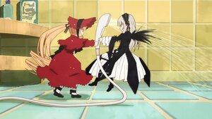 Rating: Safe Score: 0 Tags: 2girls blonde_hair dress image long_hair long_sleeves multiple_girls pair shinku standing suigintou very_long_hair wings User: admin