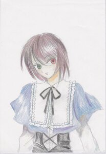 Rating: Safe Score: 0 Tags: 1girl capelet frills green_eyes heterochromia image long_sleeves looking_at_viewer red_eyes short_hair simple_background solo souseiseki traditional_media upper_body white_background User: admin