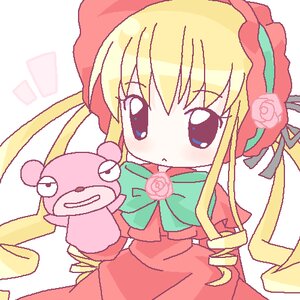 Rating: Safe Score: 0 Tags: 1girl blonde_hair blue_eyes bonnet bow capelet dress flower long_hair long_sleeves looking_at_viewer pink_flower pink_rose rose shinku sidelocks solo stuffed_animal User: admin