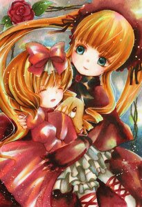 Rating: Safe Score: 0 Tags: 2girls blonde_hair blue_eyes bow closed_eyes dress drill_hair flower frills hinaichigo image long_hair multiple_girls pair red_flower red_rose rose shinku smile traditional_media twintails User: admin