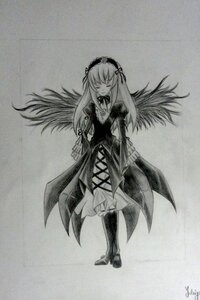 Rating: Safe Score: 0 Tags: 1girl boots closed_eyes dress floating_hair flower frills full_body greyscale hairband image long_hair long_sleeves monochrome rose solo standing suigintou traditional_media very_long_hair wings User: admin