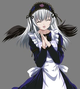 Rating: Safe Score: 3 Tags: 1girl :d apron black_dress black_wings closed_eyes dress frills hairband hands_clasped image long_hair long_sleeves open_mouth own_hands_together ribbon silver_hair simple_background smile solo suigintou white_background wings User: admin
