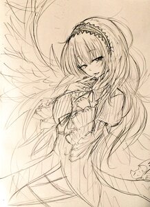 Rating: Safe Score: 0 Tags: 1girl dress eyebrows_visible_through_hair frills hairband image long_hair long_sleeves looking_at_viewer monochrome solo suigintou traditional_media very_long_hair wings User: admin