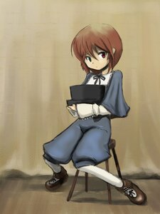 Rating: Safe Score: 0 Tags: 1girl capelet full_body heterochromia image long_sleeves looking_at_viewer pants red_eyes ribbon short_hair sitting solo souseiseki white_legwear User: admin