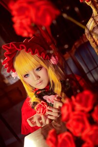 Rating: Safe Score: 0 Tags: 1girl bangs blonde_hair blue_eyes blurry bonnet depth_of_field dress flower lips long_hair looking_at_viewer realistic red_flower red_rose rose shinku solo User: admin