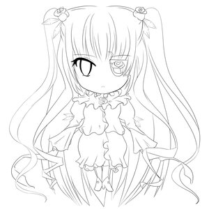Rating: Safe Score: 0 Tags: 1girl :< bangs barasuishou blush closed_mouth dress eyebrows_visible_through_hair eyepatch full_body greyscale hair_ornament image lineart long_hair monochrome ribbon simple_background solo standing two_side_up very_long_hair white_background User: admin