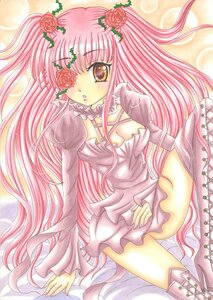 Rating: Safe Score: 0 Tags: 1girl boots dress flower frills hair_ornament image kirakishou long_hair marker_(medium) pastel_(medium) pink_hair pink_rose red_flower red_rose rose sitting solo thighhighs traditional_media very_long_hair User: admin