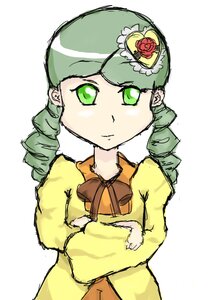 Rating: Safe Score: 0 Tags: 1girl bow bowtie drill_hair flower green_eyes green_hair hat image kanaria long_sleeves looking_at_viewer simple_background solo twin_drills upper_body white_background yellow_dress User: admin
