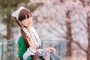 Rating: Safe Score: 0 Tags: 1girl apron blurry blurry_background blurry_foreground brown_hair depth_of_field dress green_dress long_hair long_sleeves maid outdoors solo suiseiseki User: admin