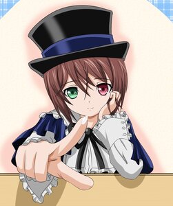 Rating: Safe Score: 0 Tags: 1girl brown_hair frills green_eyes hat heterochromia image long_sleeves looking_at_viewer pointing red_eyes ribbon short_hair smile solo souseiseki suiseiseki table top_hat upper_body User: admin