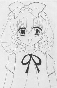 Rating: Safe Score: 0 Tags: 1girl blush bow dress drill_hair greyscale hair_bow hinaichigo image looking_at_viewer monochrome neck_ribbon open_mouth photo ribbon simple_background smile solo traditional_media upper_body User: admin