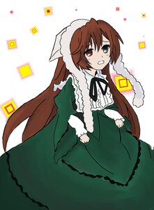 Rating: Safe Score: 0 Tags: 1girl black_ribbon brown_hair dress frills green_dress green_eyes heterochromia image long_hair long_sleeves neck_ribbon red_eyes ribbon solo sparkle suiseiseki very_long_hair white_background User: admin