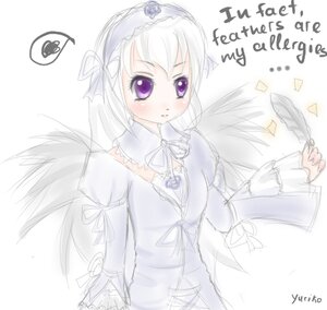 Rating: Safe Score: 0 Tags: 1girl black_wings blush dress english_text feathered_wings frills heart image long_hair long_sleeves looking_at_viewer purple_eyes ribbon solo suigintou white_background wings User: admin