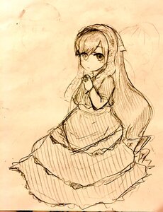 Rating: Safe Score: 0 Tags: 1girl apron dress hairband image long_hair looking_at_viewer monochrome sketch solo suiseiseki waist_apron User: admin