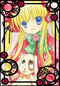 Rating: Safe Score: 0 Tags: 1girl blonde_hair blue_eyes bow bowtie card_(medium) character_name flower green_bow image long_hair looking_at_viewer pink_rose rose shinku solo User: admin