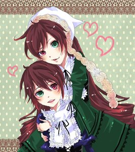 Rating: Safe Score: 0 Tags: 2girls brown_hair dress green_dress green_eyes halftone halftone_background head_scarf heterochromia image long_hair long_sleeves multiple_girls open_mouth pair polka_dot polka_dot_background red_eyes short_hair siblings sisters smile souseiseki suiseiseki tongue tongue_out twins User: admin
