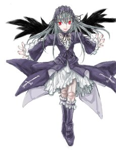 Rating: Safe Score: 0 Tags: 1girl black_wings boots dress frills full_body hairband image long_hair long_sleeves looking_at_viewer red_eyes rose silver_hair solo suigintou white_background wings User: admin